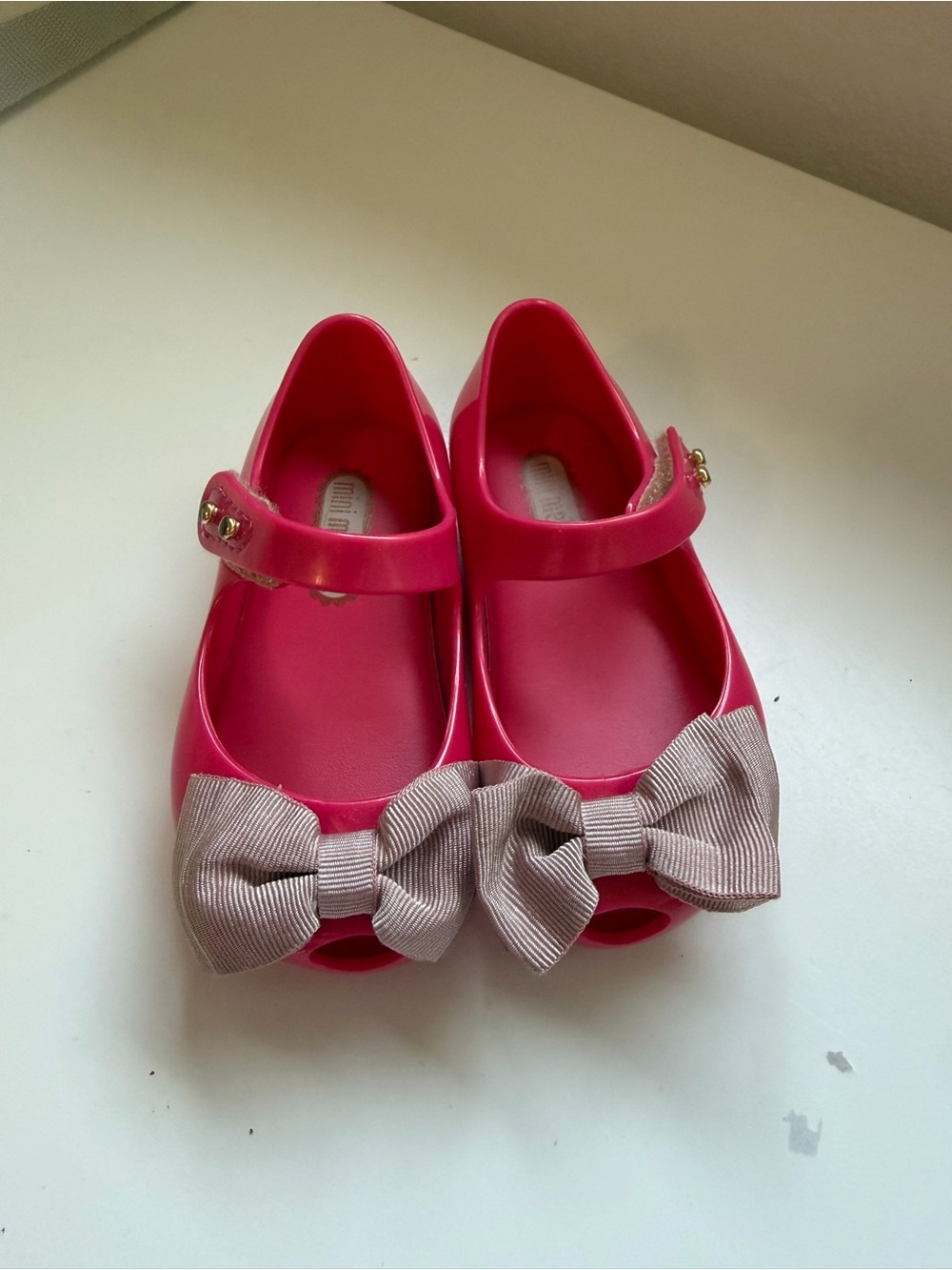Mini Melissa Hot Pink Mary Jane Sandals with Beige Bows